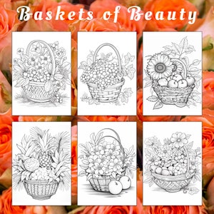 Puede incluir: Seis ilustraciones en blanco y negro de cestas llenas de diversas frutas, flores y verduras. Las cestas son todas tejidas y tienen un aspecto r&uacute;stico. El t&iacute;tulo "Baskets of Beauty" est&aacute; en la parte superior de la imagen.