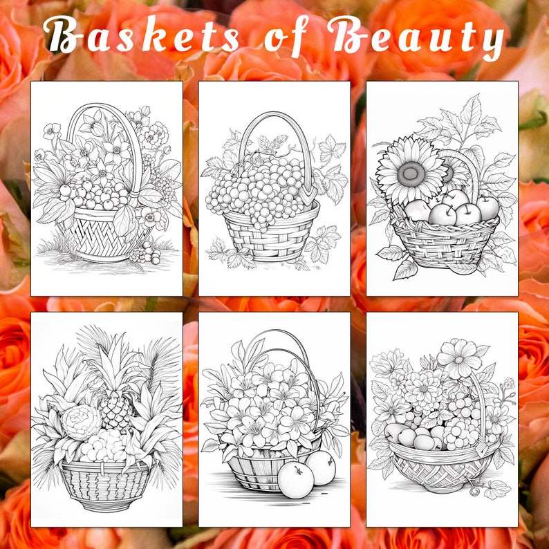 Puede incluir: Seis ilustraciones en blanco y negro de cestas llenas de diversas frutas, flores y verduras. Las cestas son todas tejidas y tienen un aspecto r&uacute;stico. El t&iacute;tulo "Baskets of Beauty" est&aacute; en la parte superior de la imagen.