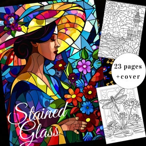 23 Stained Glass Coloring Page, Stained Glass Coloring Book, Adults + kids Instant Download, Geometric Coloring, Stained Glass Printable PDF