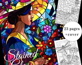 23 Stained Glass Coloring Page, Stained Glass Coloring Book, Adults + kids Instant Download, Geometric Coloring, Stained Glass Printable PDF