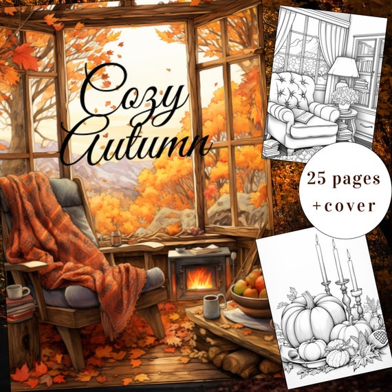 25 Cozy Autumn Coloring Page, Autumn Coloring Book, Coloring Book, Adults + kids Instant Download, Fall Coloring, Halloween, Printable PDF