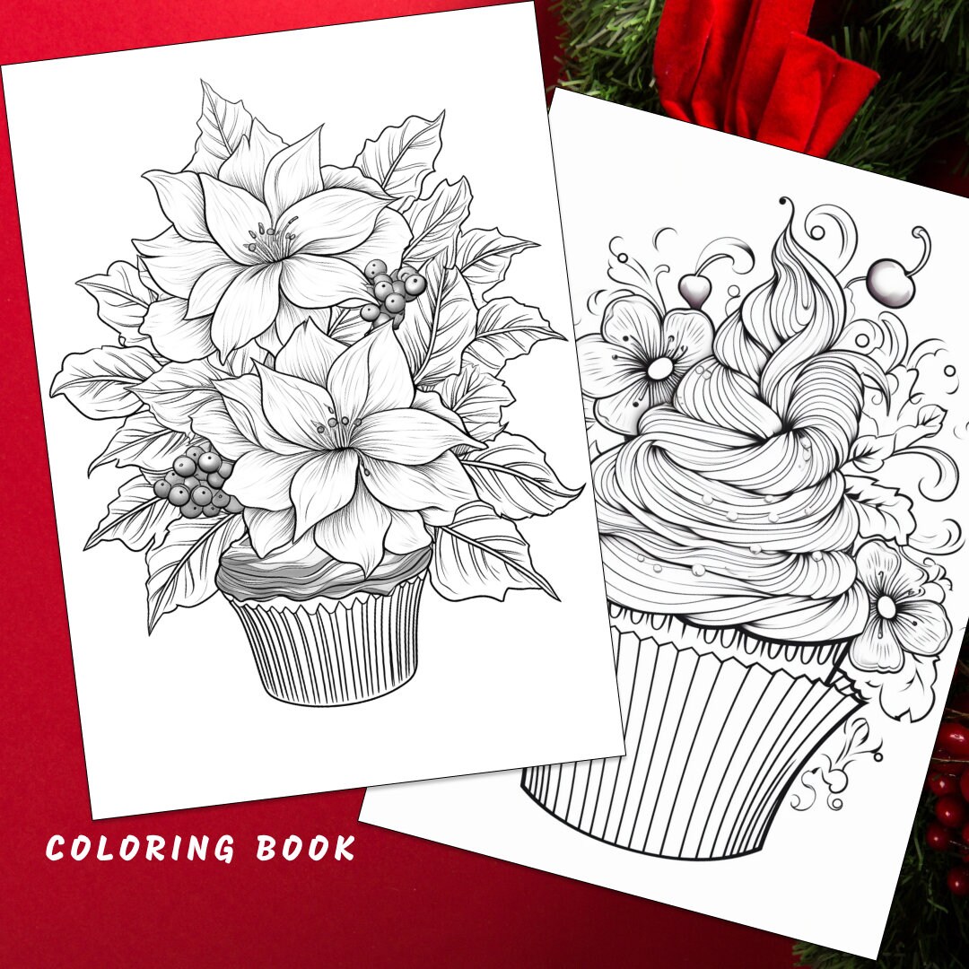 30 Christmas Cupcakes Coloring Page, Christmas Coloring,dessert