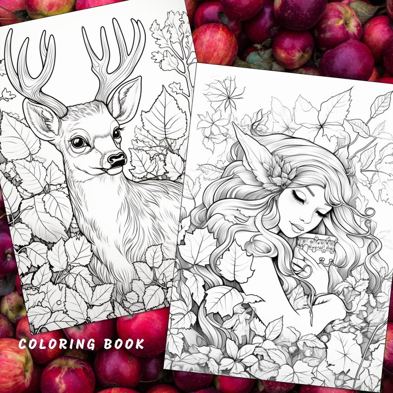 May include: A coloring book with two images. The first image is a deer in the woods. The second image is a fairy with long hair and large ears, holding a cup.