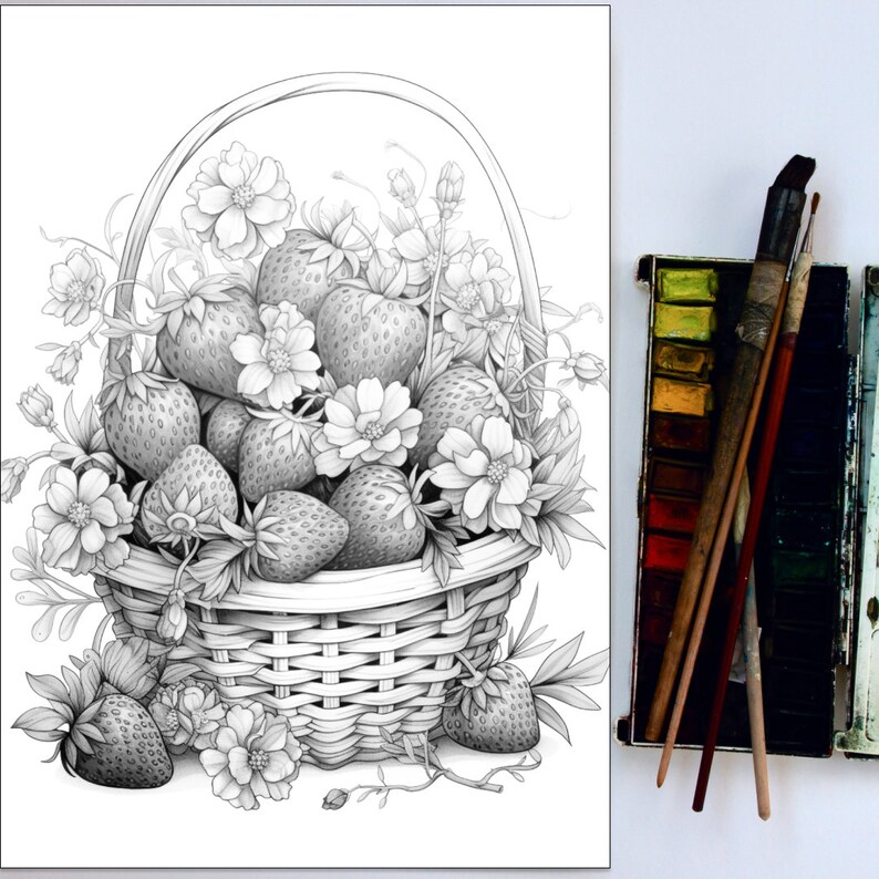 Puede incluir: Una ilustraci&oacute;n en blanco y negro de una cesta llena de fresas y flores. La cesta est&aacute; tejida y tiene un asa. Las fresas est&aacute;n dispuestas en una variedad de tama&ntilde;os y formas. Las flores son delicadas y tienen detalles intrincados.