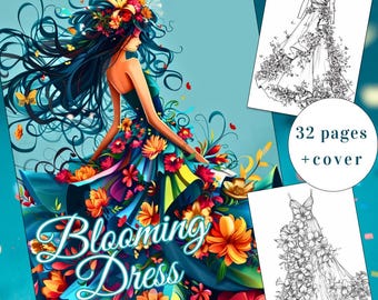 Libro da colorare Blooming Dress, 32 pagine di moda floreale (PDF stampabile)