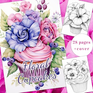 28 Floral Cupcakes Coloring Page, Food Coloring, Dessert Coloring Book, Adults + kids Instant Download, Cupcakes Coloring, Printable PDF