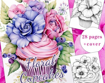 Floral Cupcakes Coloring Book, 28 Pages (Printable PDF)