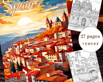 27 Página para colorear de España, Colorear arquitectura de España, Colorear escenas españolas, Descarga instantánea para adultos + niños, Colorear de España, PDF imprimible