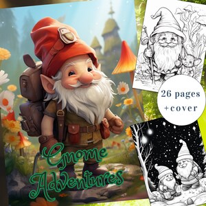26 Gnome Coloring Book, Gnome Coloring pages, Fantasy, Gnome Adventures, Cute Gnome, Adults + kids Instant Download, Printable PDF, A4