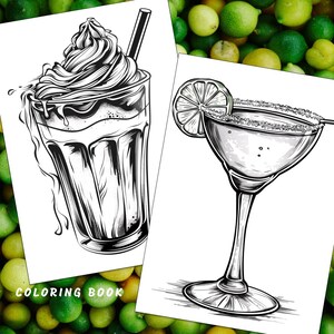 May include: Black and white line art illustration of a milkshake and a margarita. The milkshake is in a tall glass with a thick, whipped cream topping. The margarita is in a stemmed glass with a lime wedge garnish. The illustration is perfect for colouring.