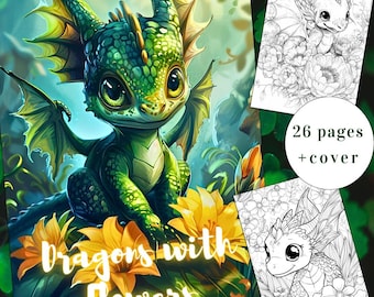 Dragon with Flowers Coloring Book, Fantasy Art (Printable PDF)