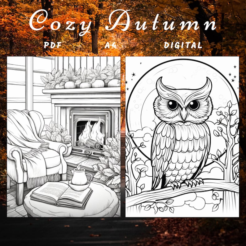 May include: Black and white coloring page featuring two scenes. The first scene shows a cozy living room with a fireplace, armchair, and a book on a table. The second scene shows an owl perched on a branch with a full moon in the background. The text "Cozy Autumn" is at the top of the page.