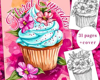 Libro da colorare con cupcake floreali, 31 pagine (PDF stampabile)