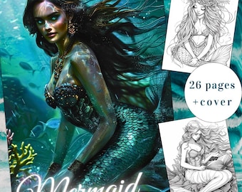 26 kleurplaat zeemeermin, zeemeermin kleurboek, digitaal kleurboek, volwassenen + kinderen direct downloaden, zeemeermin, dame, meisje, afdrukbare pdf