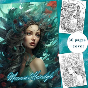 30 Página para colorear de sirena, Libro para colorear de sirena, Libro para colorear, Descarga instantánea para adultos + niños, Peinado de sirena, Sirena, PDF imprimible