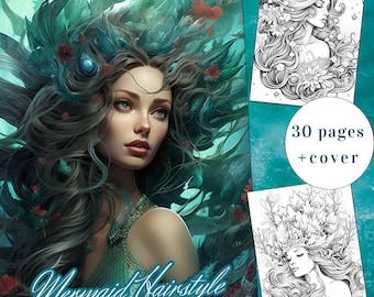 Mermaid Hairstyle Coloring Book, 30 Page Fantasy Art (Printable PDF)