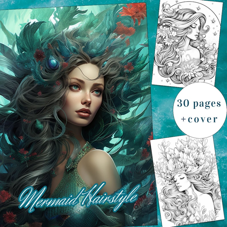 30 Mermaid Coloring Page, Mermaid Coloring Book, Coloring Book, Adults