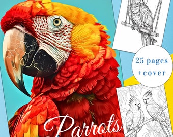 25 Página para colorear de loros, Colorear pájaros, Libro para colorear de loros, Descarga instantánea para adultos + niños, Colorear aves exóticas, PDF imprimible de guacamayos
