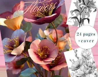 Livro de colorir com ilusão floral 3D | Páginas de arte botânica (download digital)