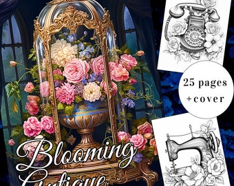25 Página para colorir antiga em flor, livro para colorir retrô floral, livro para colorir flores, vintage, adultos + crianças, download instantâneo, PDF para impressão