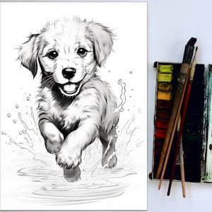 Puede incluir: Un dibujo a l&aacute;piz en blanco y negro de un cachorro golden retriever corriendo por el agua, con gotas de agua salpicando a su alrededor.