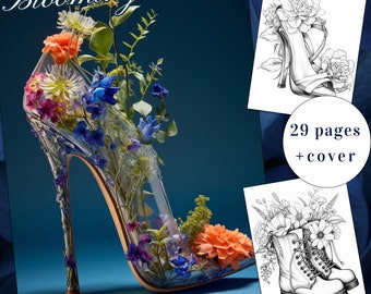 Libro para colorear Zapatos Florecidos, Tacones Florales, 29 páginas (PDF imprimible)