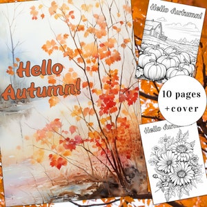 10 Autumn Coloring Page, Autumn Coloring Book, Hello Autumn Coloring, Adults + kids Instant Download, Fall Coloring, Halloween,Printable PDF