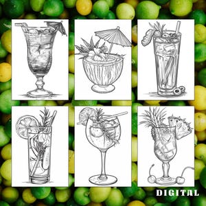 May include: Six black and white line drawings of different cocktails. The cocktails are drawn in a vintage style and include a Mai Tai, a Moscow Mule, a Gin and Tonic, a Margarita, a Daiquiri, and a Pina Colada.