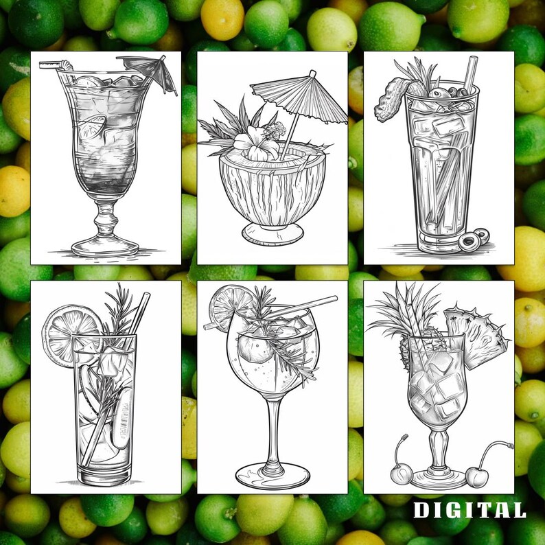 May include: Six black and white line drawings of different cocktails. The cocktails are drawn in a vintage style and include a Mai Tai, a Moscow Mule, a Gin and Tonic, a Margarita, a Daiquiri, and a Pina Colada.