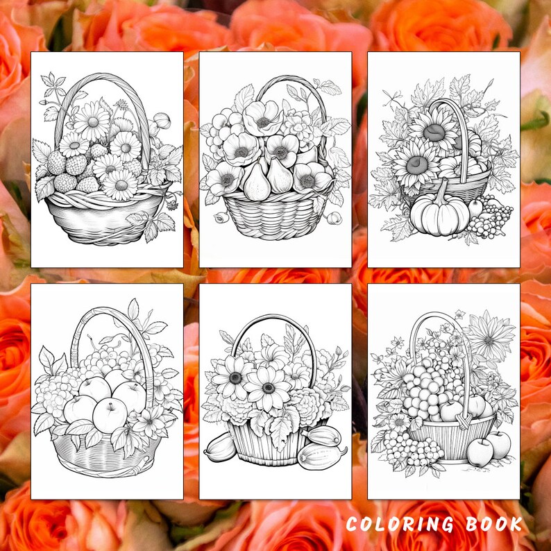 Puede incluir: Seis p&aacute;ginas para colorear en blanco y negro que representan cestas llenas de diversas frutas, verduras y flores. Cada p&aacute;gina tiene una disposici&oacute;n diferente de los art&iacute;culos en la cesta. Las p&aacute;ginas est&aacute;n etiquetadas como "COLORING BOOK".