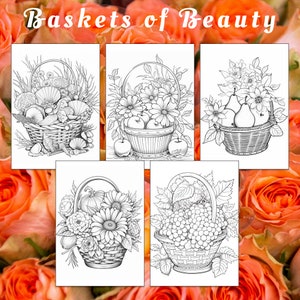 Puede incluir: Cinco dibujos en blanco y negro de cestas llenas de diversas frutas, verduras y flores. Las cestas son todas tejidas y tienen un asa. Los dibujos est&aacute;n sobre un fondo blanco.