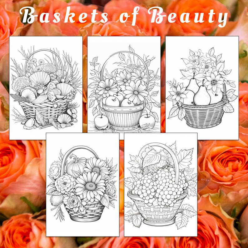 Puede incluir: Cinco dibujos en blanco y negro de cestas llenas de diversas frutas, verduras y flores. Las cestas son todas tejidas y tienen un asa. Los dibujos est&aacute;n sobre un fondo blanco.