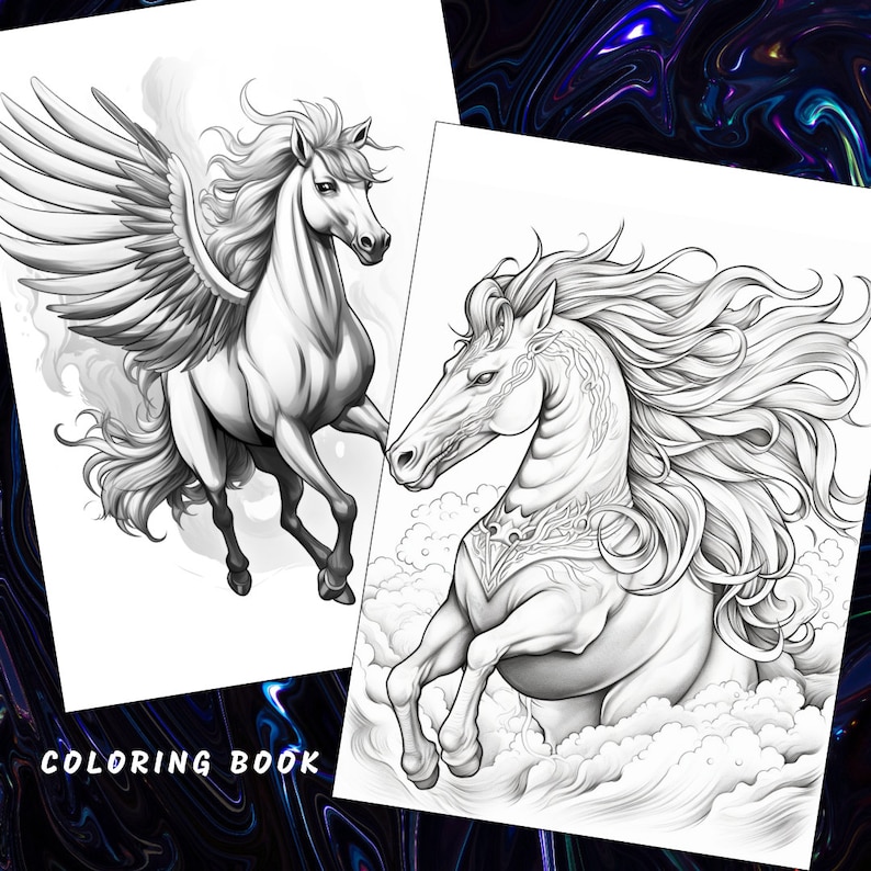 Fantasy Horse Coloring Book, Mythical Equine Illustrations (Printable PDF) image 3
