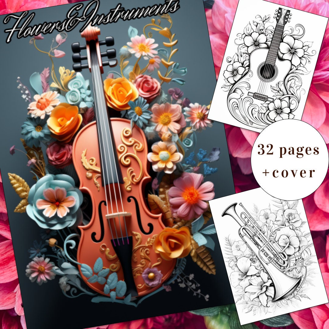 32 Blooming Instruments Coloring Page, Flower Coloring Book, Bloom ...