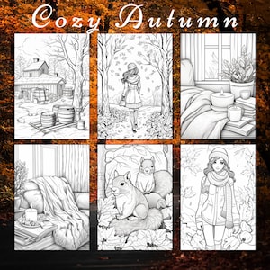 May include: Six black and white illustrations with an autumn theme. The illustrations include a farmhouse, a woman walking through a forest, a cozy room with candles, a squirrel, a squirrel sitting on a rock, and a woman wearing a winter coat.