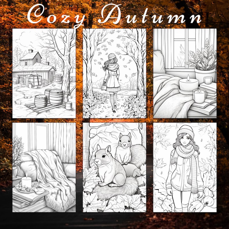 May include: Six black and white illustrations with an autumn theme. The illustrations include a farmhouse, a woman walking through a forest, a cozy room with candles, a squirrel, a squirrel sitting on a rock, and a woman wearing a winter coat.