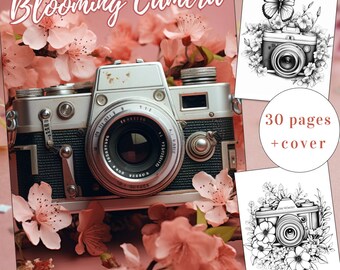 30 Blooming Camera Coloring Page, Floral Camera Coloring Book, Flowers Coloring Book, Adults + kids Instant Download, Printable PDF