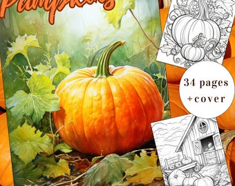 34 Autumn Pumpkins Coloring Page, Autumn Coloring, Coloring Book, Adults + kids Instant Download, Fall Coloring, Halloween, Printable PDF
