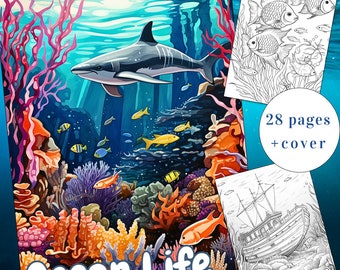 28 Ocean Life Coloring Page, Ocean Coloring, Sea Coloring Book, Adults + kids Instant Download, Marine Wildlife Coloring, Printable PDF