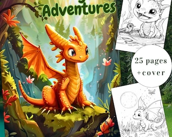 25 coloriage des aventures de dragon, coloriage de dragon mignon, livre de coloriage fantastique, adultes + enfants, téléchargement immédiat, bébé dragon, PDF imprimable