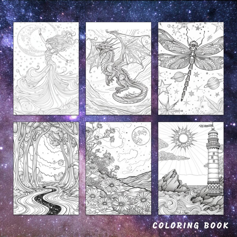 May include: A coloring book with six black and white illustrations. The illustrations include a woman with flowing hair, a dragon, a dragonfly, a forest scene, a landscape with flowers, and a lighthouse.
