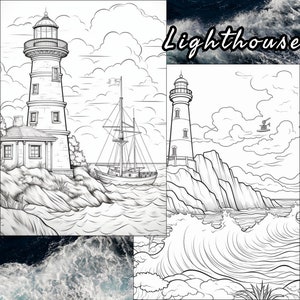 May include: A black and white line drawing of a lighthouse on a rocky cliff with a sailboat in the water. The word "Lighthouse" is written in a stylized font at the top of the image.