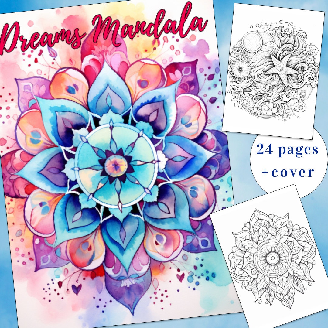 24 Mandala Dreams Coloring Page, Mandala Coloring, Fantasy Coloring Book, Adults + kids Instant Download, Mandala Coloring, Printable PDF