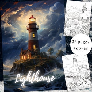 32 Lighthouse Coloring Page, Ocean Coloring Book, Waves Coloring Book, Adults + kids Instant Download, Lighthouses, Storm, Printable PDF
