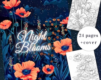 24 Night Blooms Coloring Page, Livro de Colorir Flores, Livro de Colorir Noite, Adultos + crianças Download Instantâneo, Blooms Coloring, PDF para Imprimir