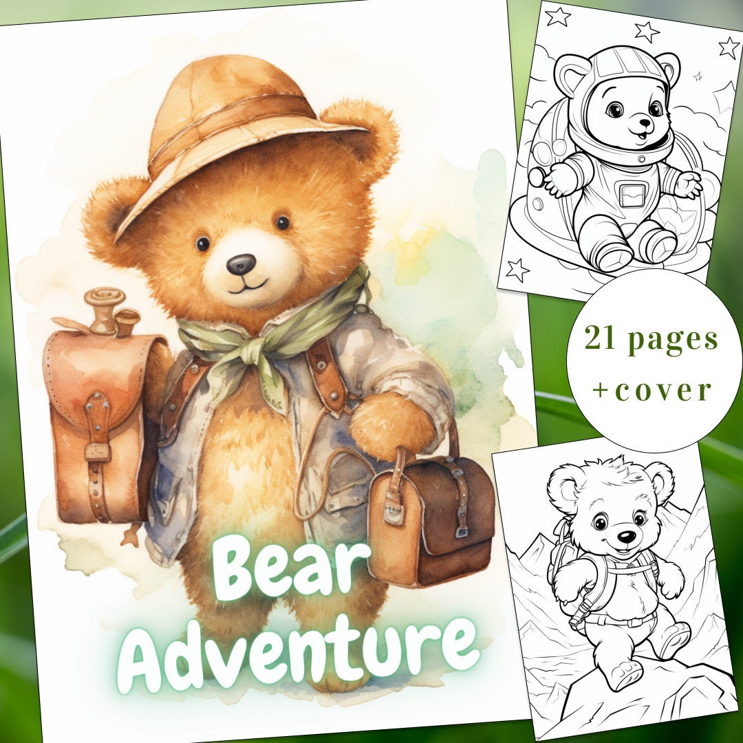 21 Bear Adventure Coloring Page, Cute Bear Coloring Book, Coloring Book