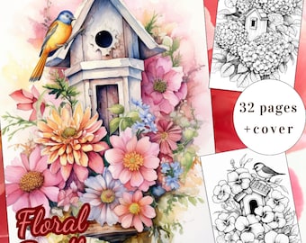 Floral Birdhouse Coloring Pages, 32 Designs (Printable PDF)