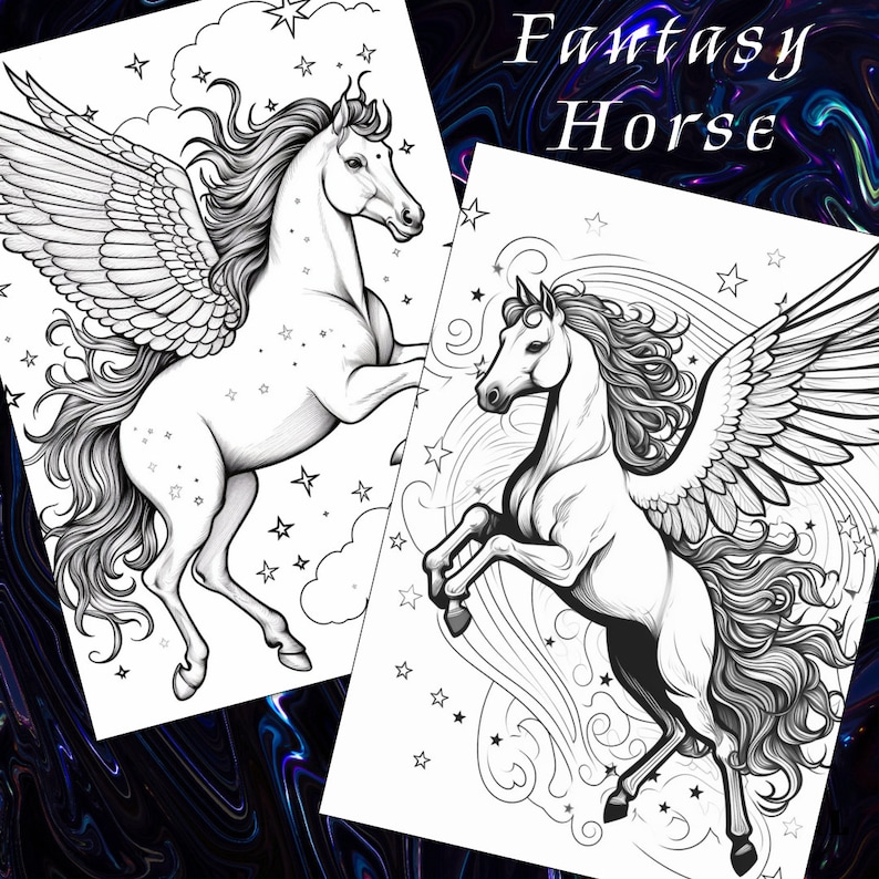 Fantasy Horse Coloring Book, Mythical Equine Illustrations (Printable PDF) image 4
