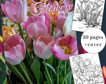 30 Spring Flowers Coloring Page, Spring Coloring Book, Flower Coloring Book, Adults + kids Instant Download, Spring Coloring,Printable PDF