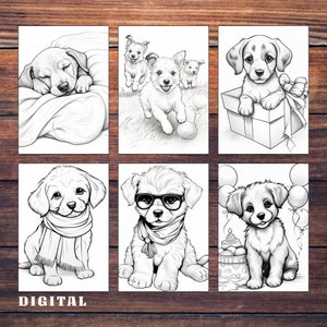 Puede incluir: Un conjunto de seis ilustraciones en blanco y negro de cachorros. Las ilustraciones presentan cachorros en varias poses, incluyendo durmiendo, jugando y usando accesorios. Las ilustraciones son adecuadas para colorear.